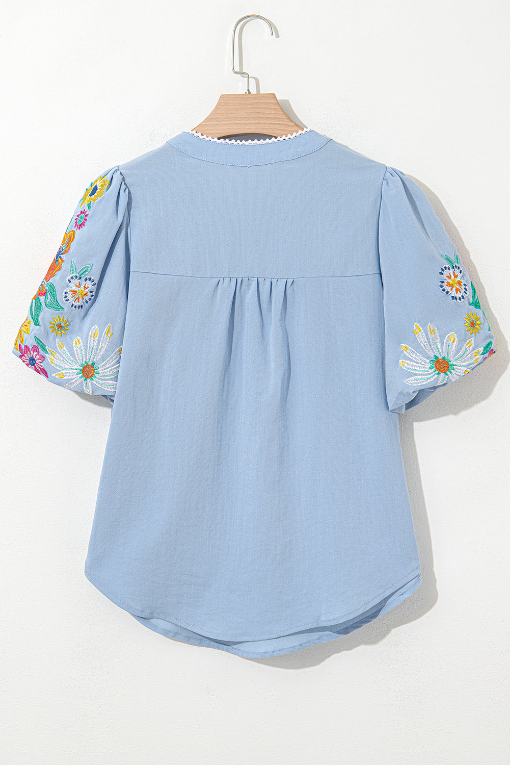 Floral Embroidered Puff Sleeve Split Neck Blouse