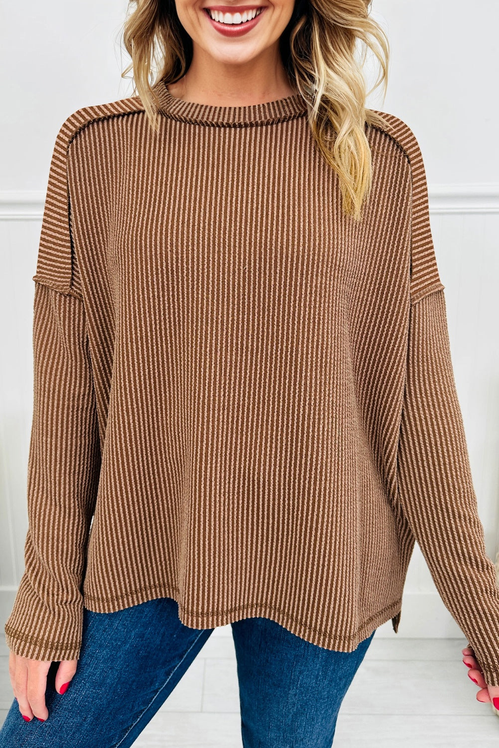Solid Corded Knit Reverse Seam Long Sleeve Top