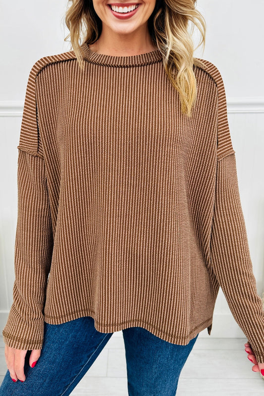 Solid Corded Knit Reverse Seam Long Sleeve Top