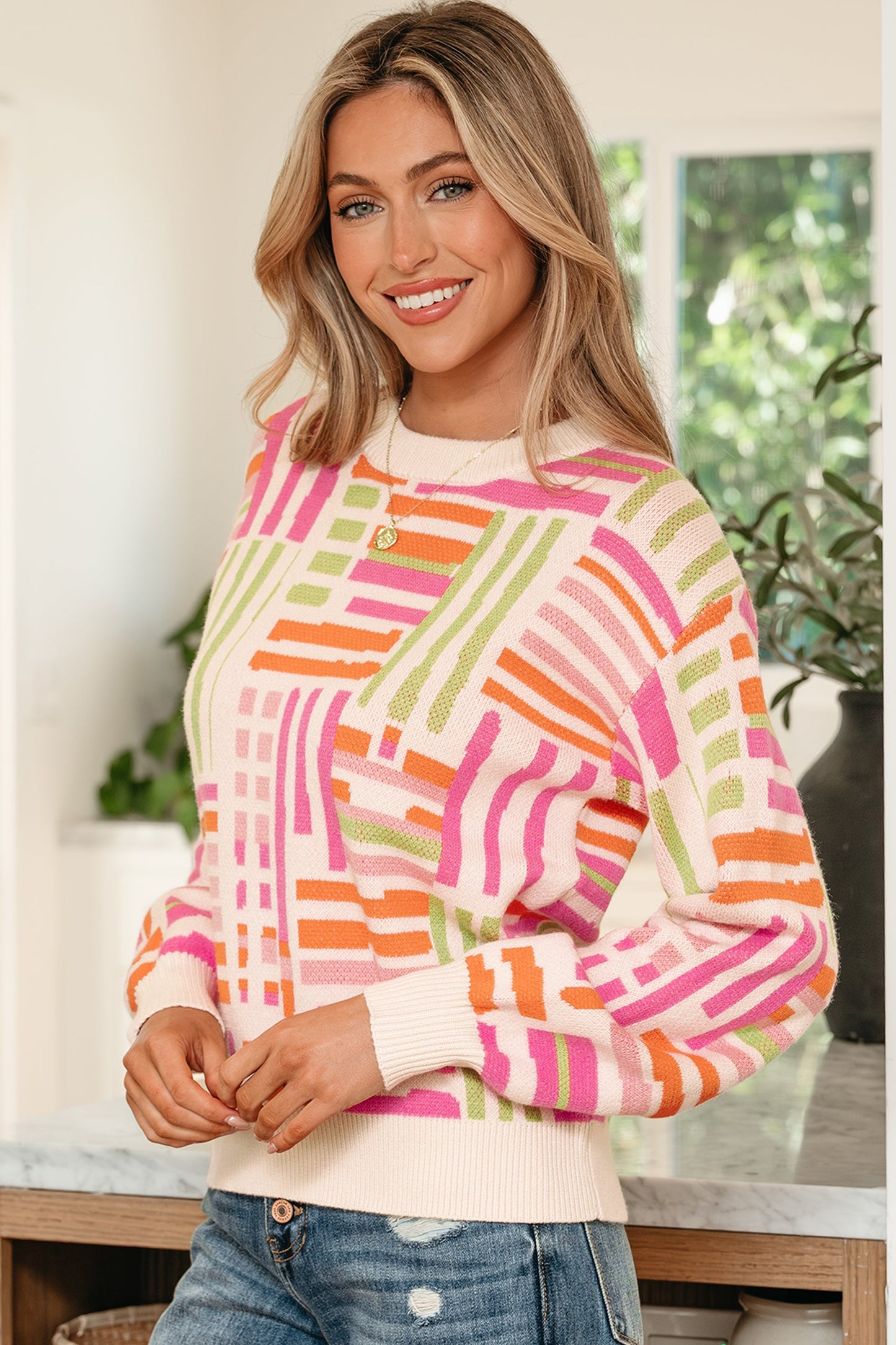 Geometric Stripe Crewneck Puff Sleeve Sweater