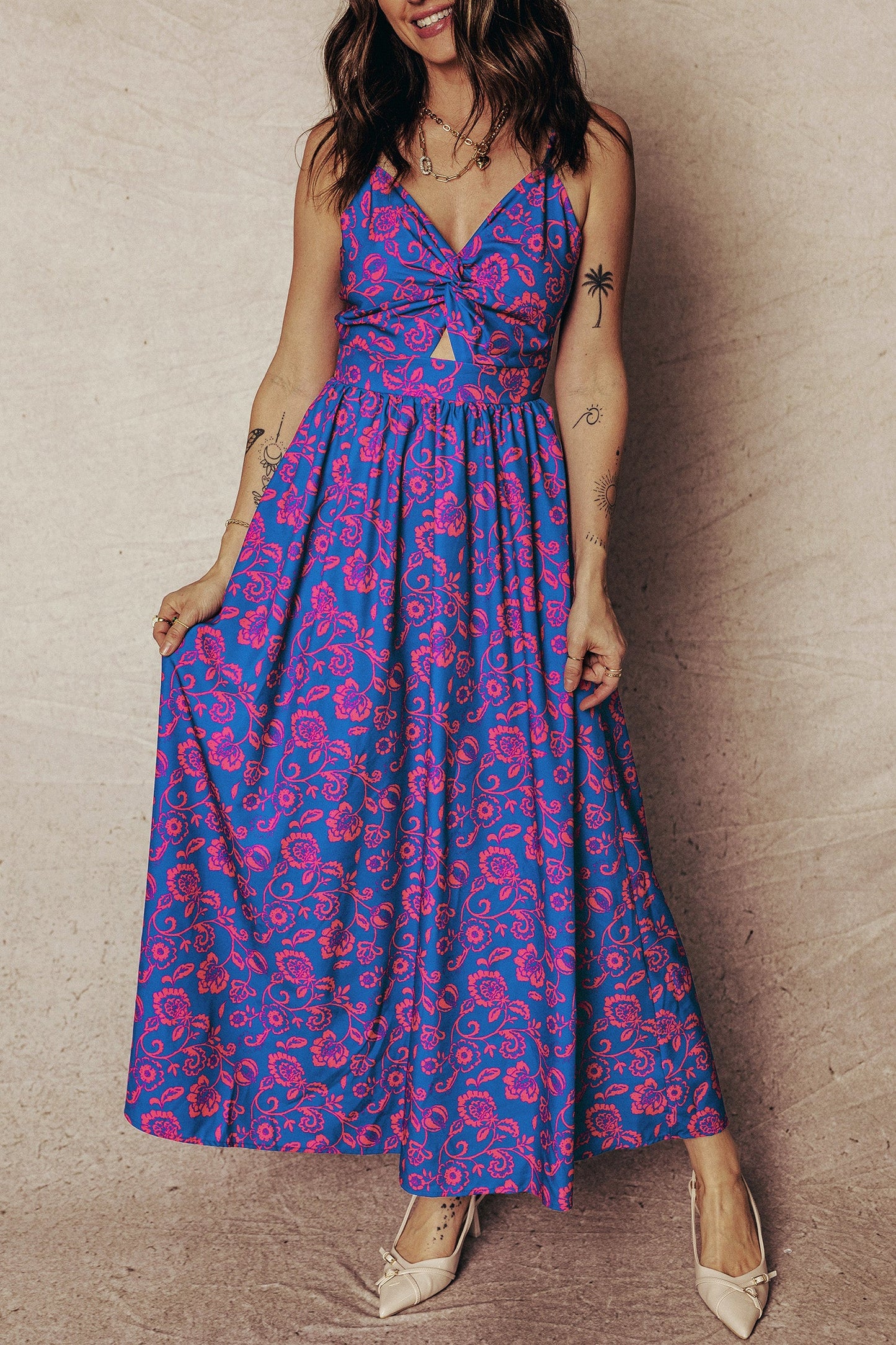 Floral Twisted V-Neck Tied Backless Maxi Dress