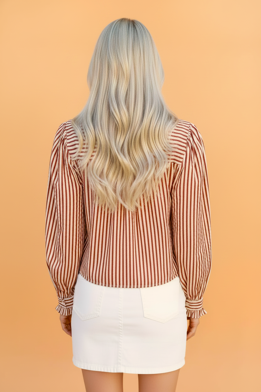Stripe Textured Ruffle Trim Button-Up Long Sleeve Shirt