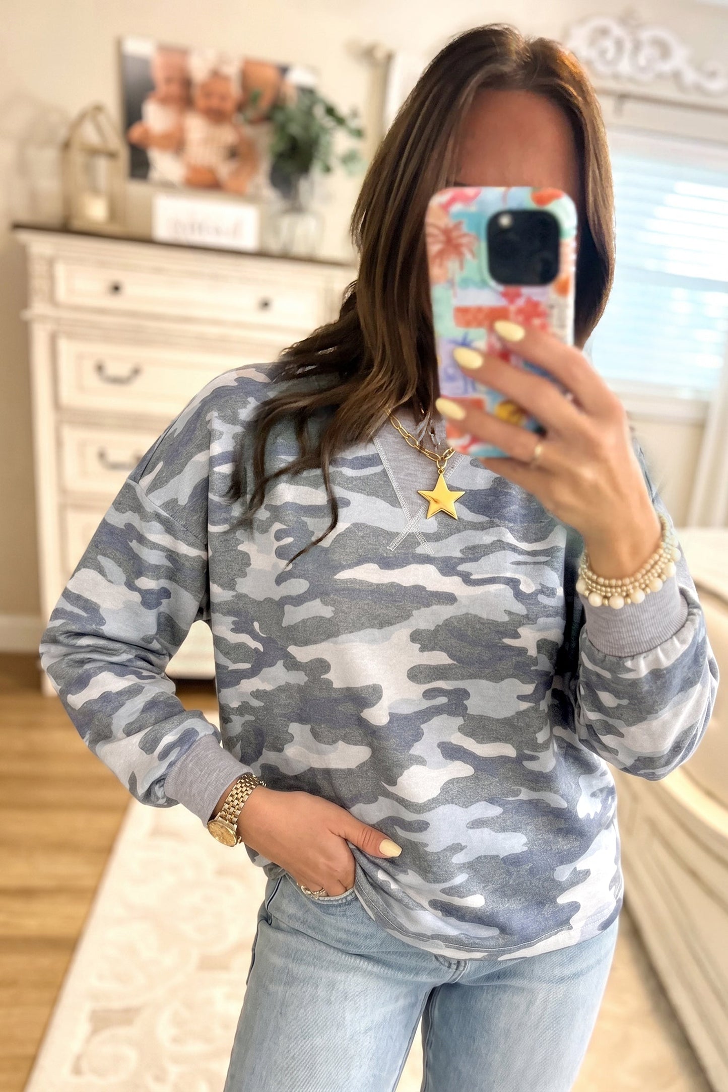 Camo Long Sleeve Round Neck Shift Pullover Top