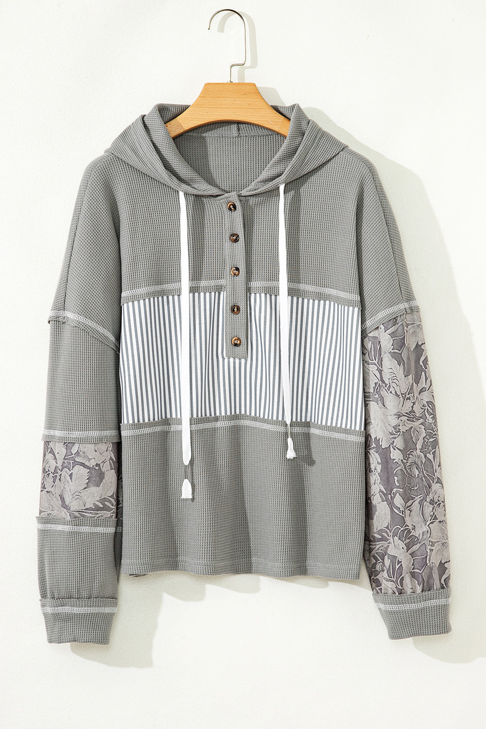 Stripe Patchwork Waffle Knit Long Sleeve Hooded Top