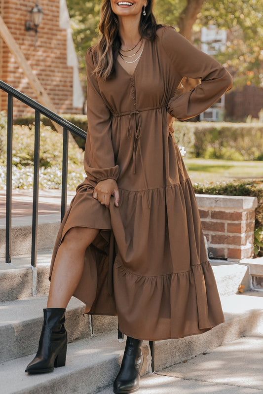 Solid Buttoned V-Neck Long Sleeve Tiered Maxi Dress