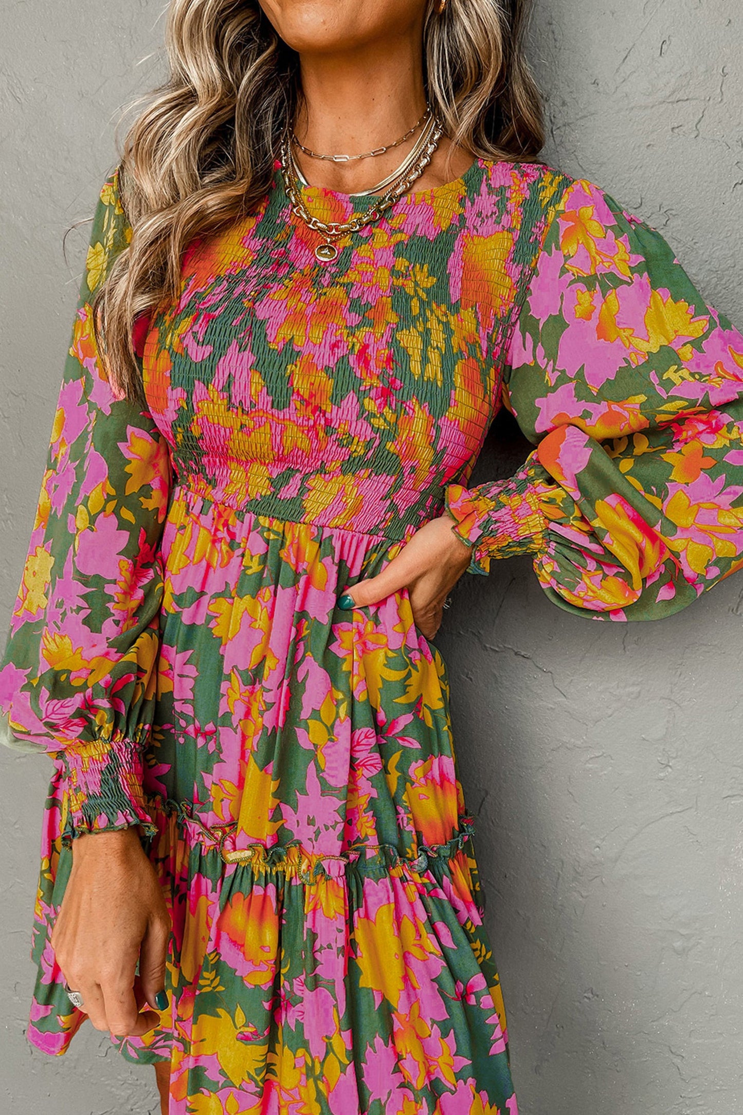 Floral Smocked Ruffle Hem Long Sleeve Mini Dress