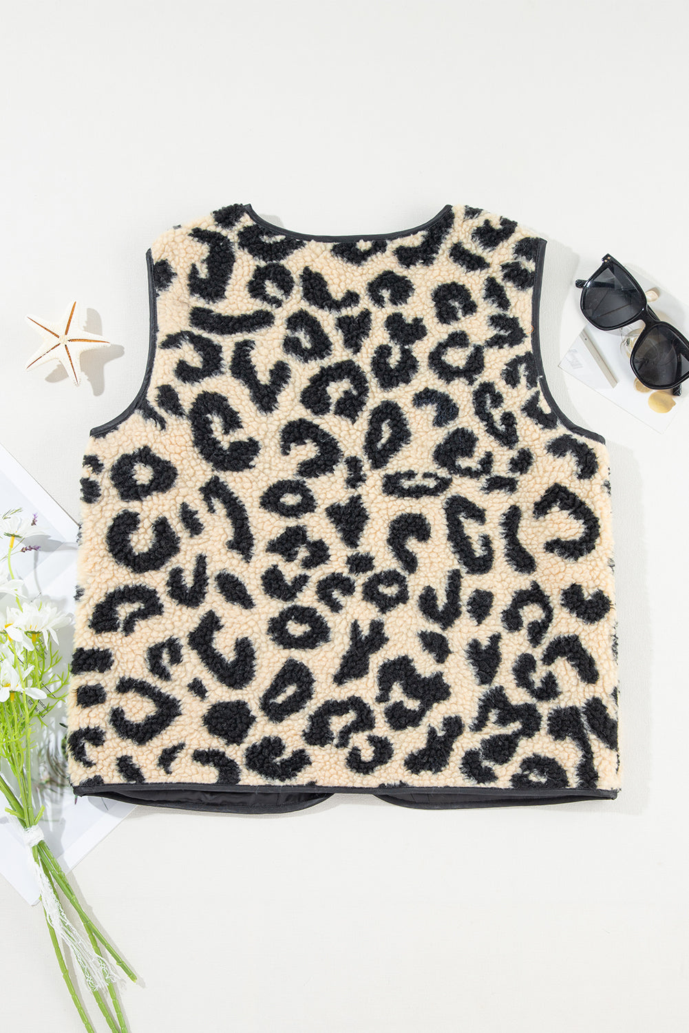 Leopard Sherpa Fleece Sleeveless Buttoned Vest Coat