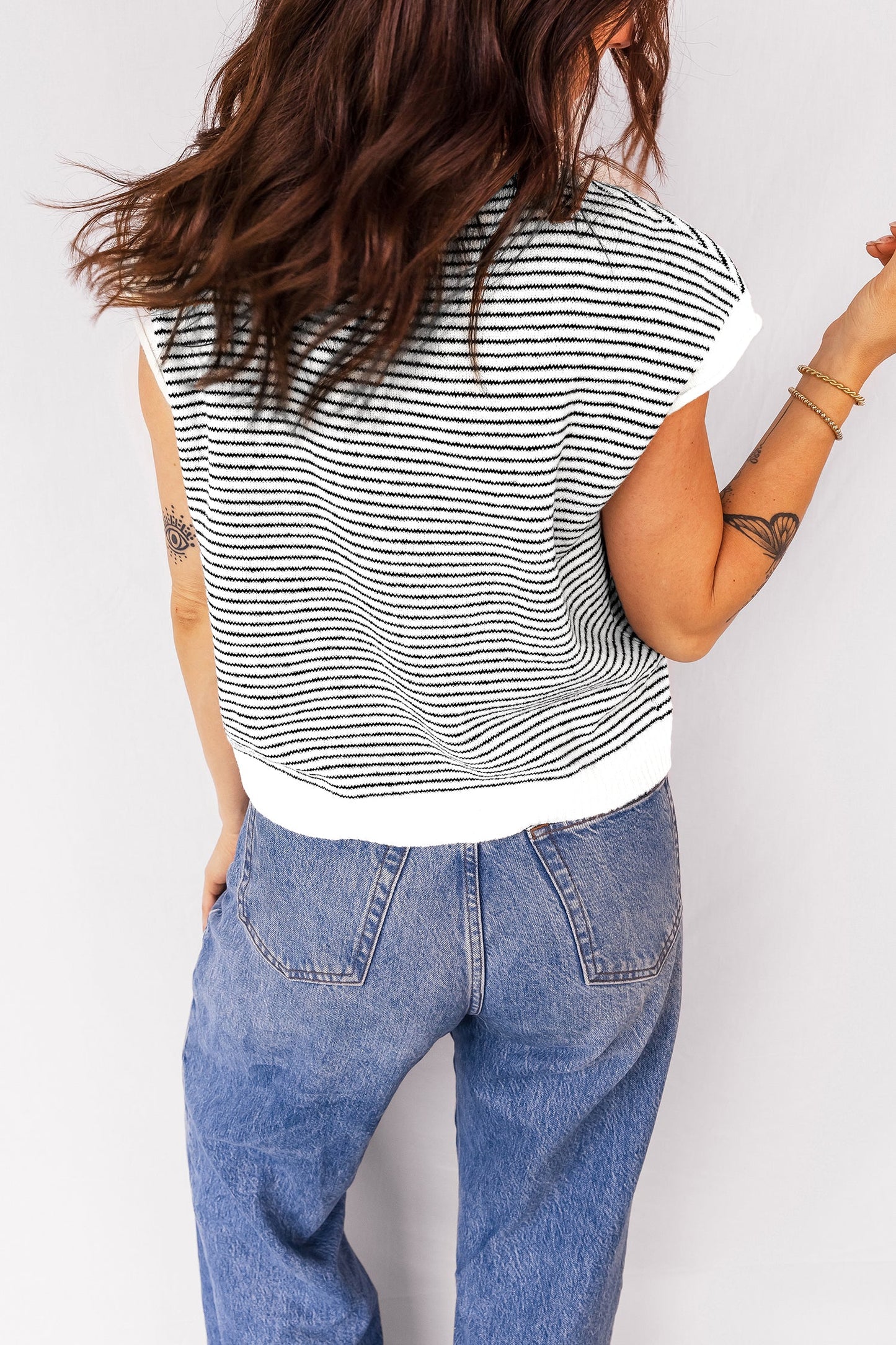 Stripe Contrast Trim Cap Sleeve Button-Up Cardigan