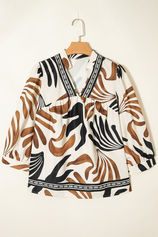 Abstract V-Neck Puff Sleeve Blouse