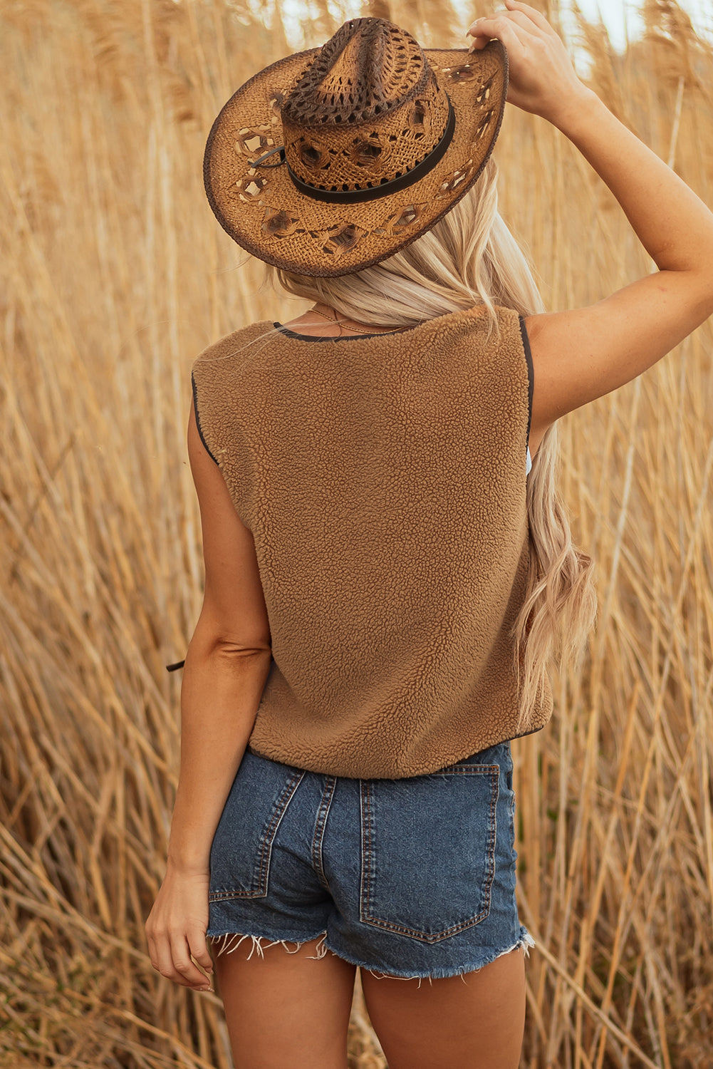 Contrast Trim Sherpa Tie-Front Vest