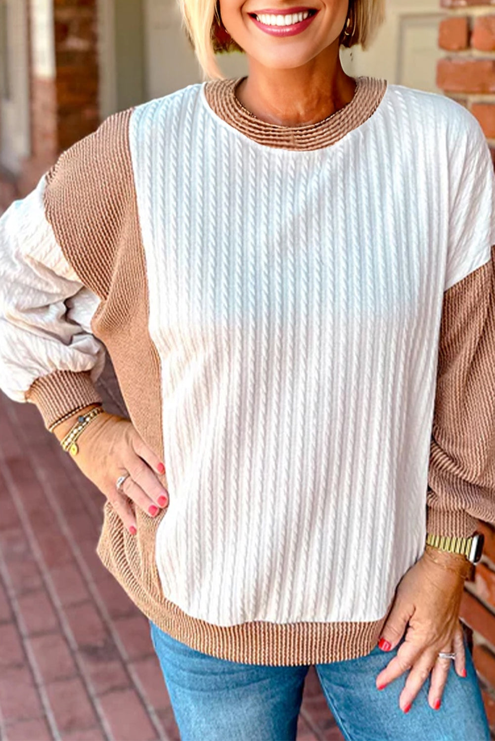 Plus Size Colorblock Cable Textured Top