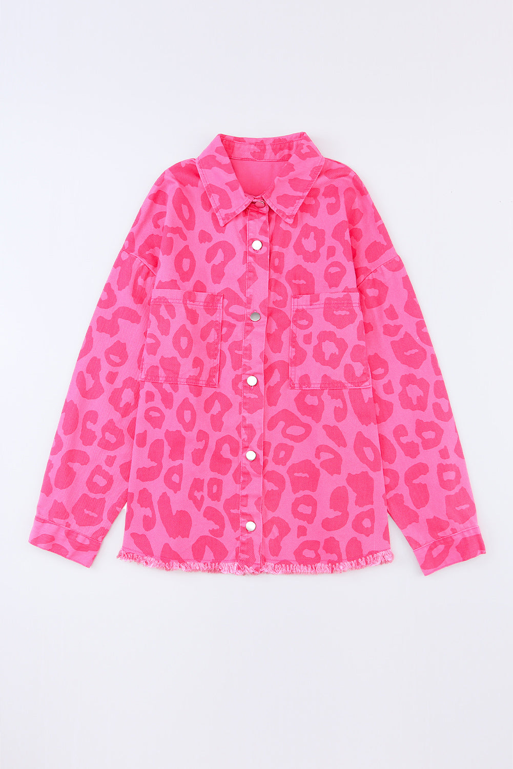 Leopard Button Cuff Raw Hem Denim Jacket