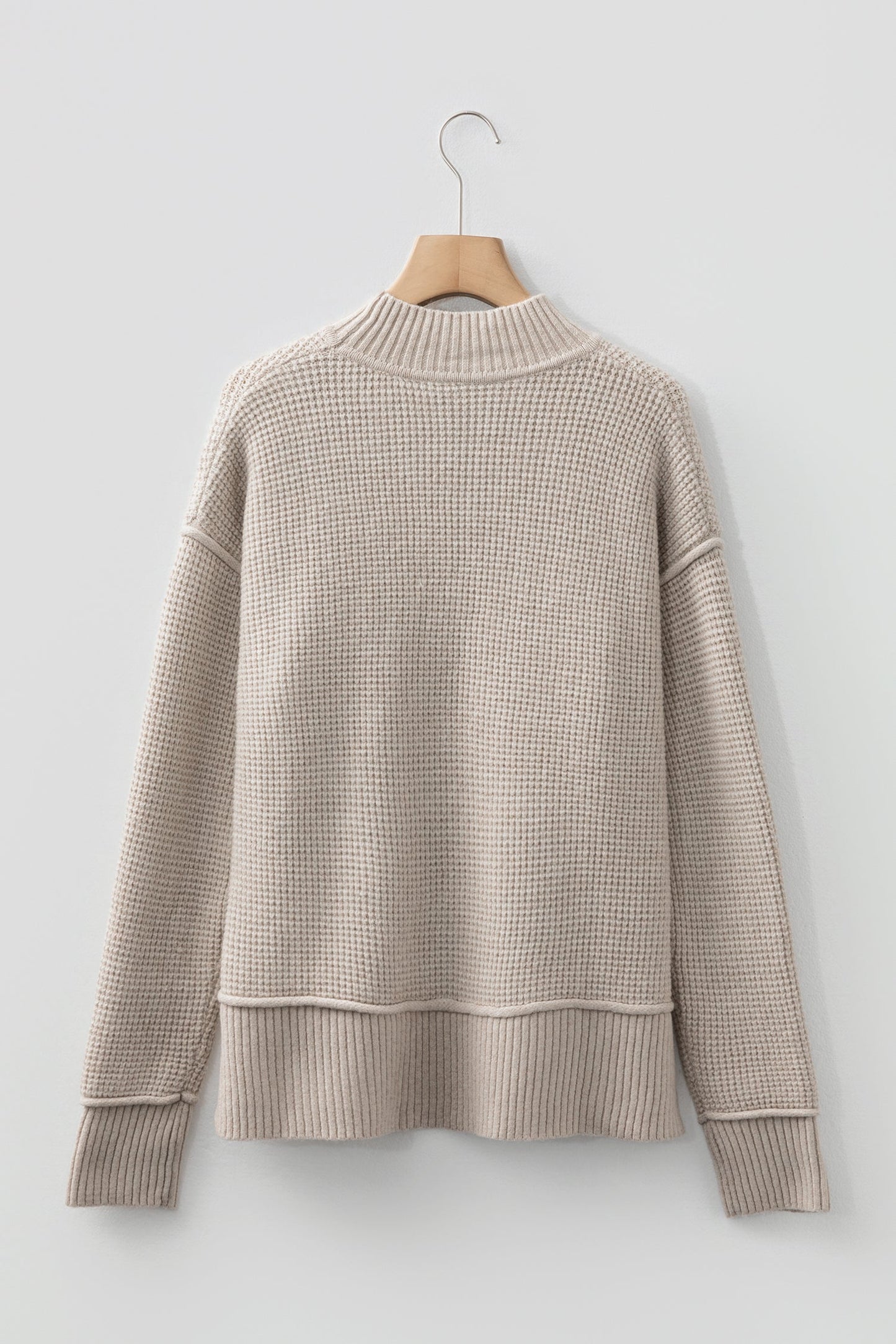 Waffle Knit Ribbed High Neck Drop Shoulder Sweater