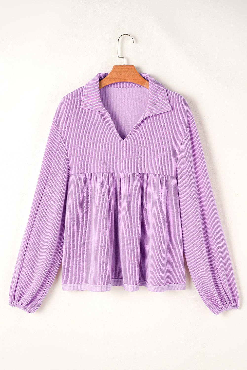 Corded V-Neck Bubble Sleeve Babydoll Blouse