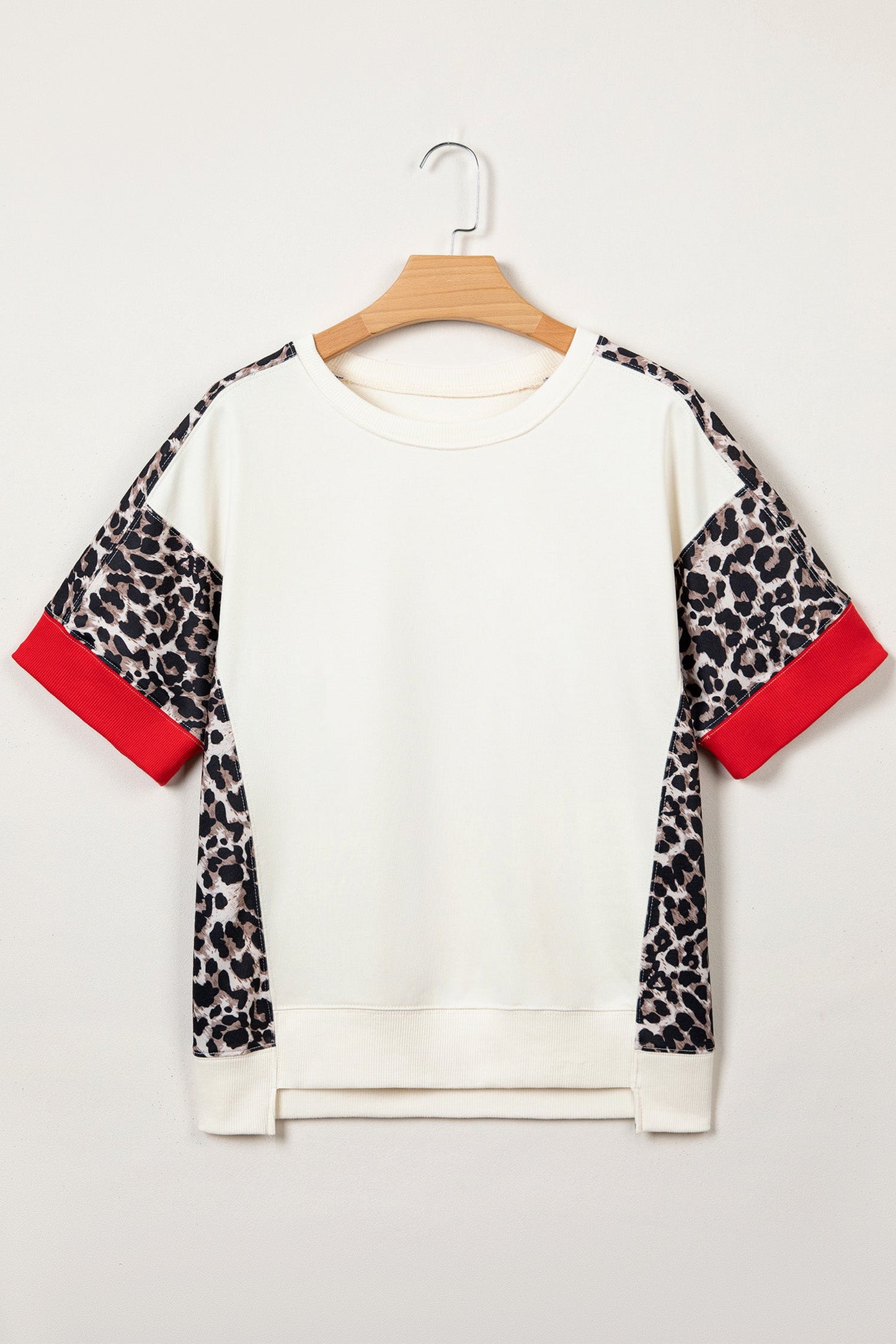 Leopard Patchwork Uneven Hem Short Sleeve Top