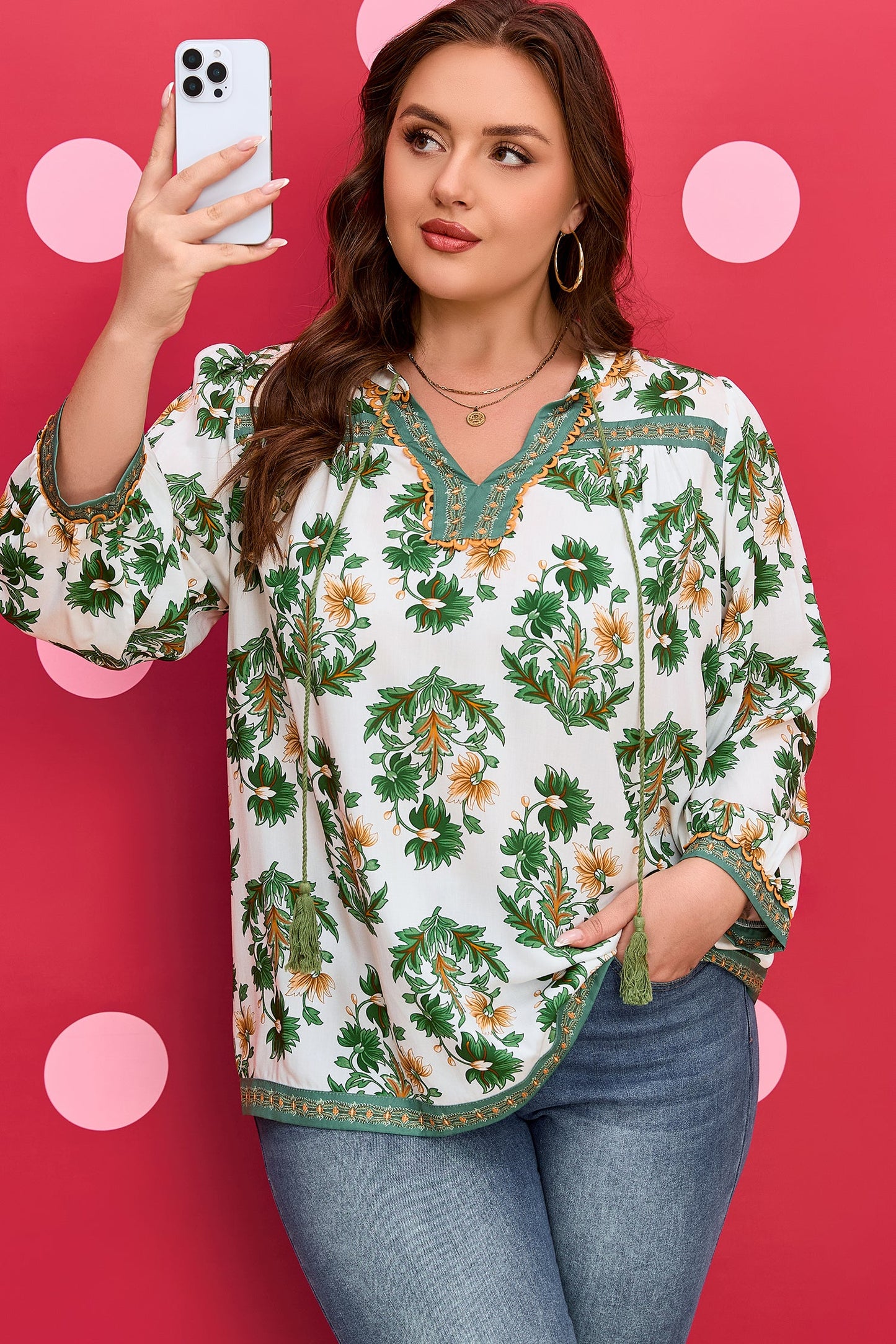 Plus Size Floral Patchwork Tassel Tie Blouse