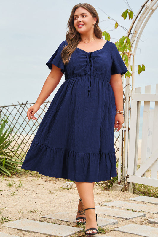 Plus Size Lace-Up Short Sleeve High Waist Dress