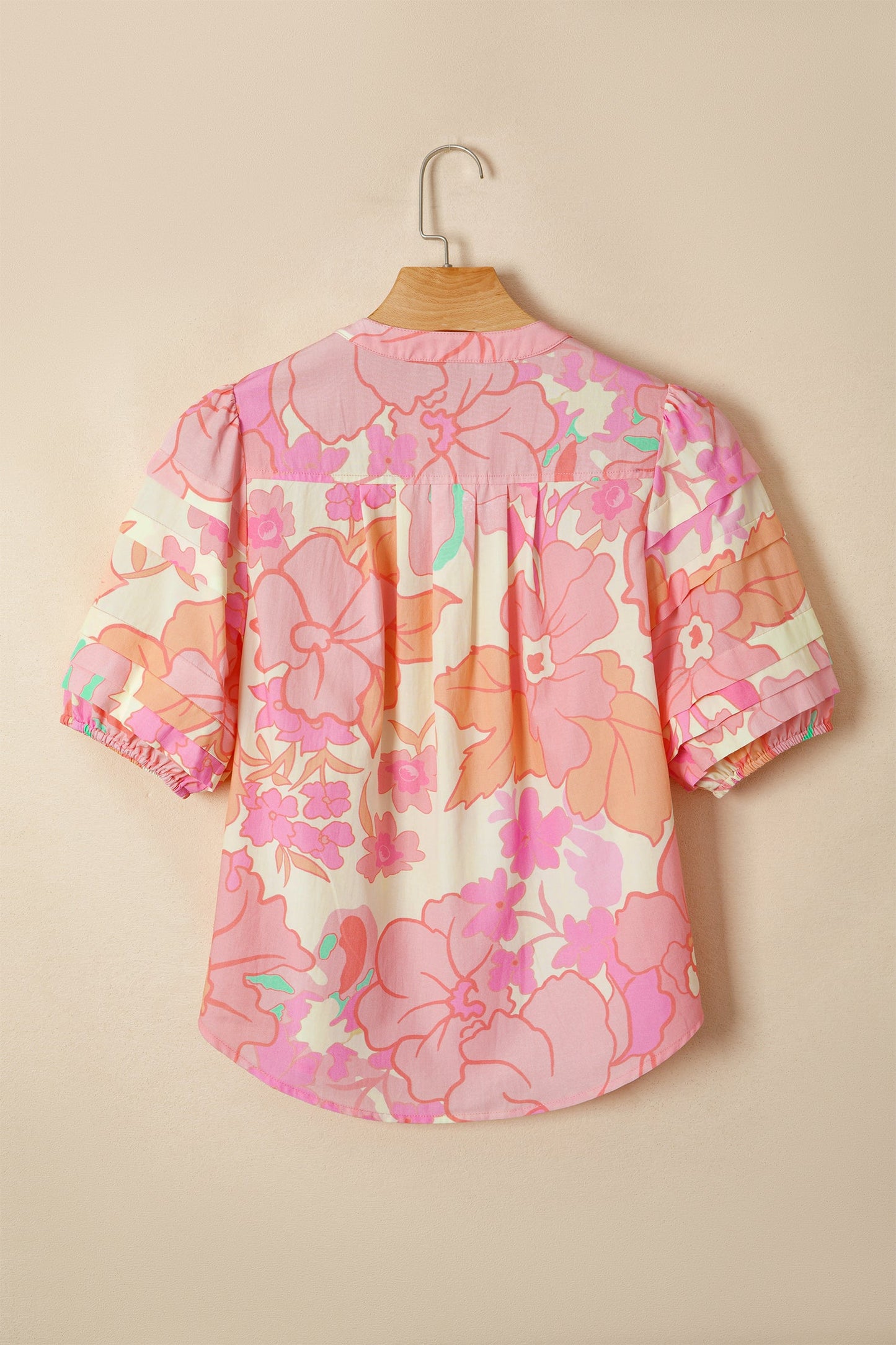 Floral Button Down Pintuck Short Sleeve Blouse