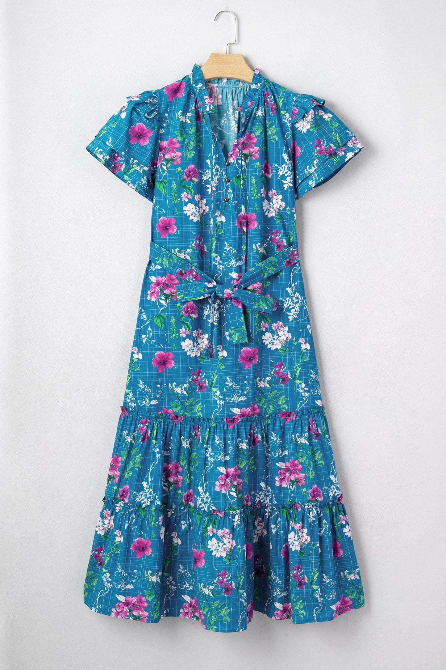 Floral Flutter Sleeve Tie Neck Belted Midi Dress