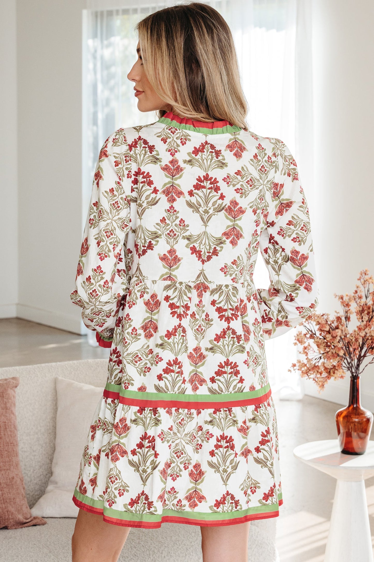 Floral Contrast Trim Frilled Neck Dress