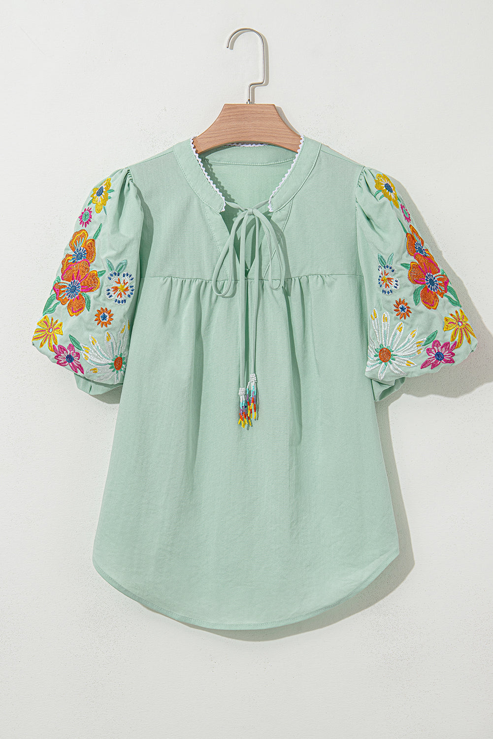 Floral Embroidered Puff Sleeve Split Neck Blouse