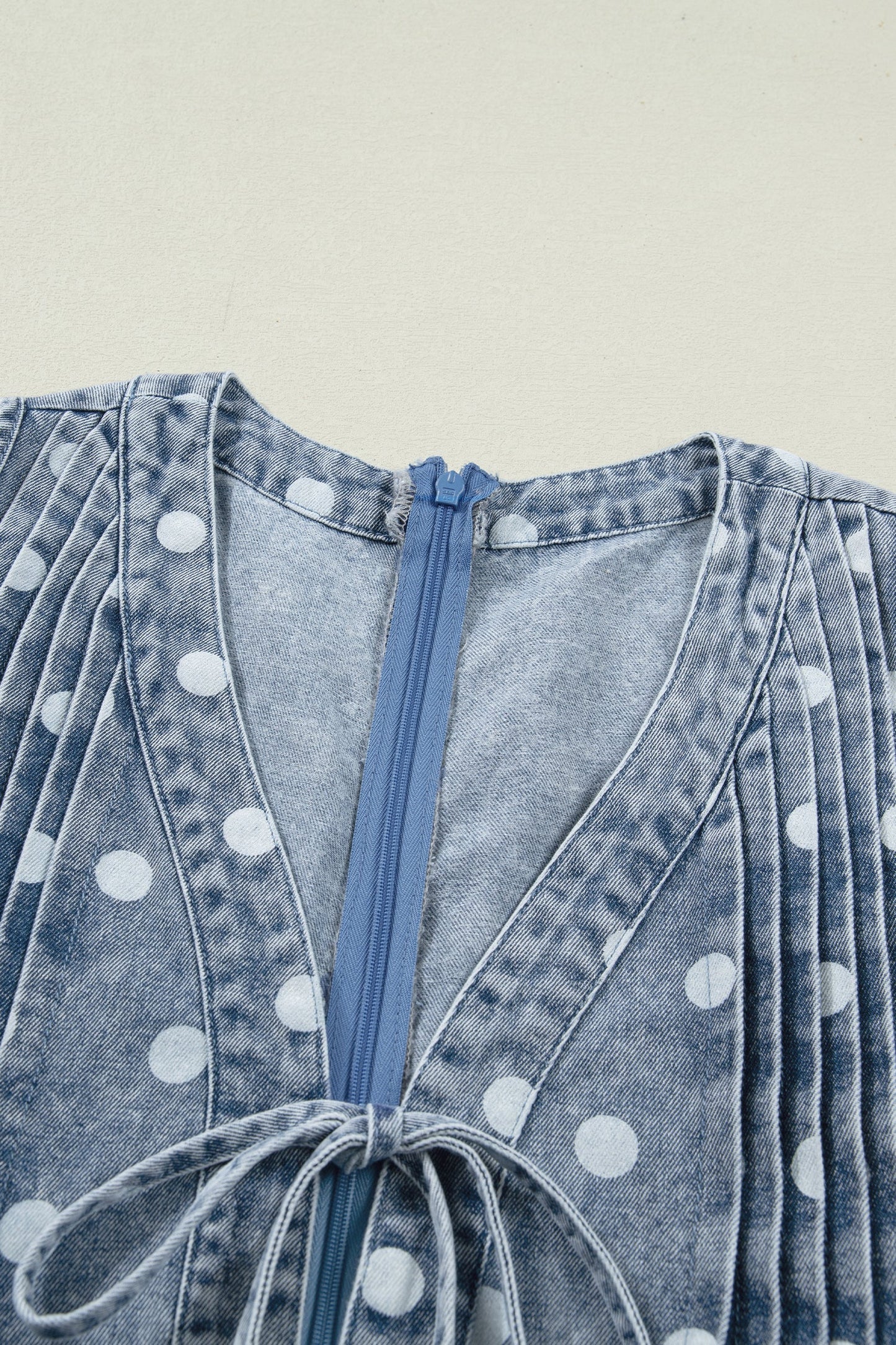 Polka Dot Denim Tie V-Neck Pleated Romper