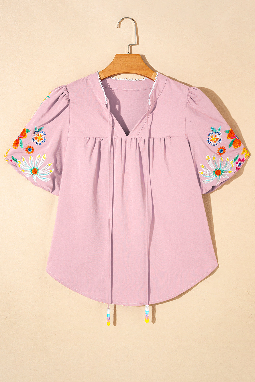 Floral Embroidered Puff Sleeve Split Neck Blouse