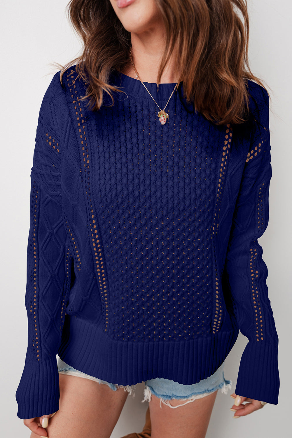 Textured Knit Eyelet Long Sleeve Sweater