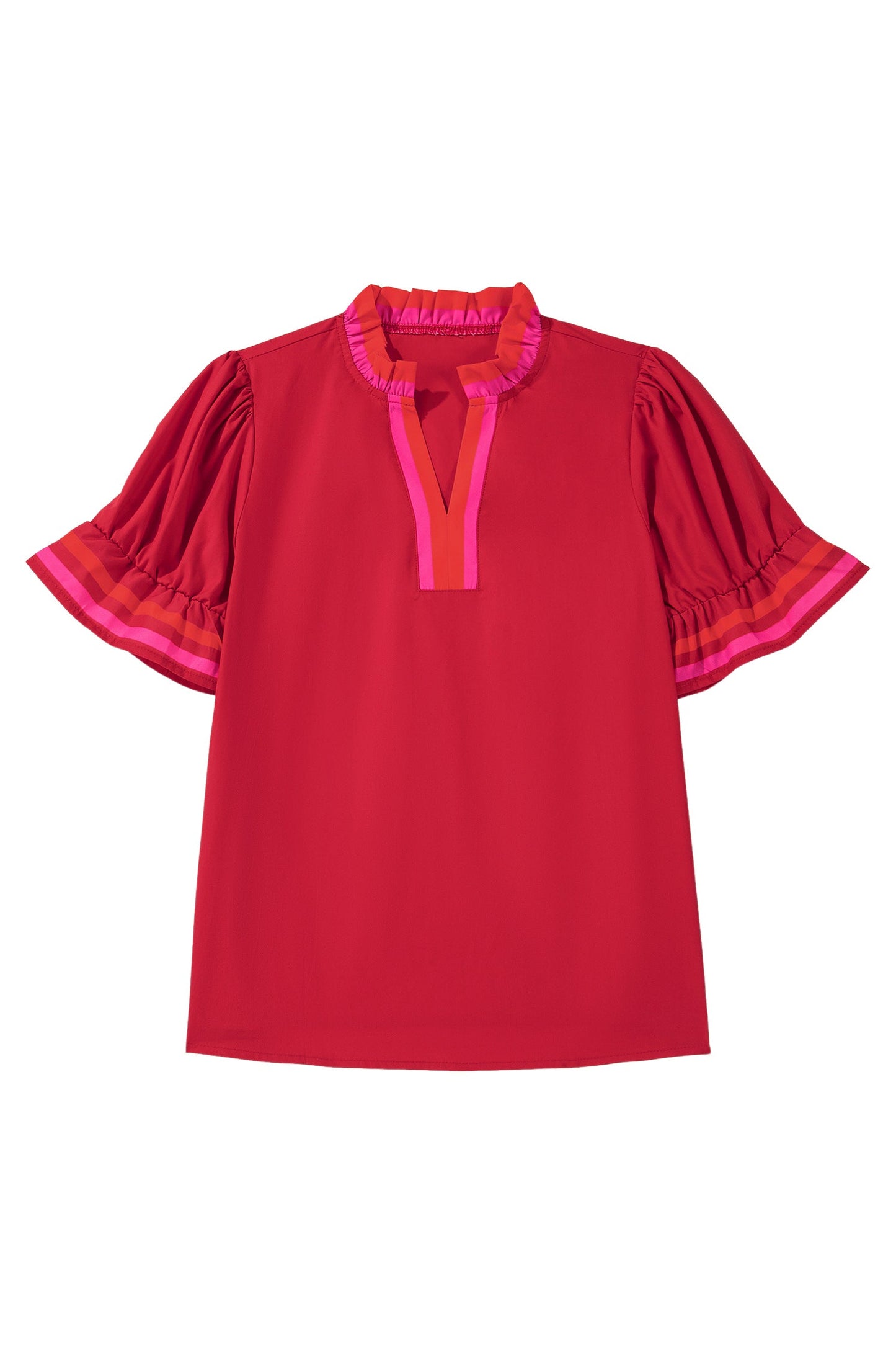 Stripe Frilled V-Neck Ruffle Short Sleeve Blouse