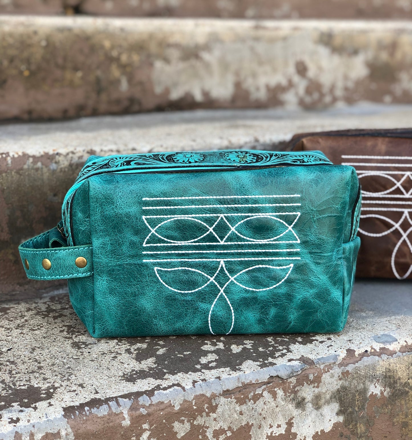Turquoise Bootstitch Tooled & Leather Toiletry Bag