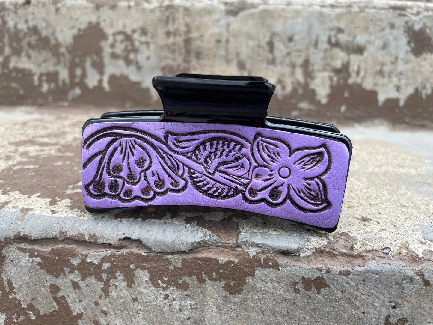 Purple Floral Tooled Leather  Hair Claw Clips 4”