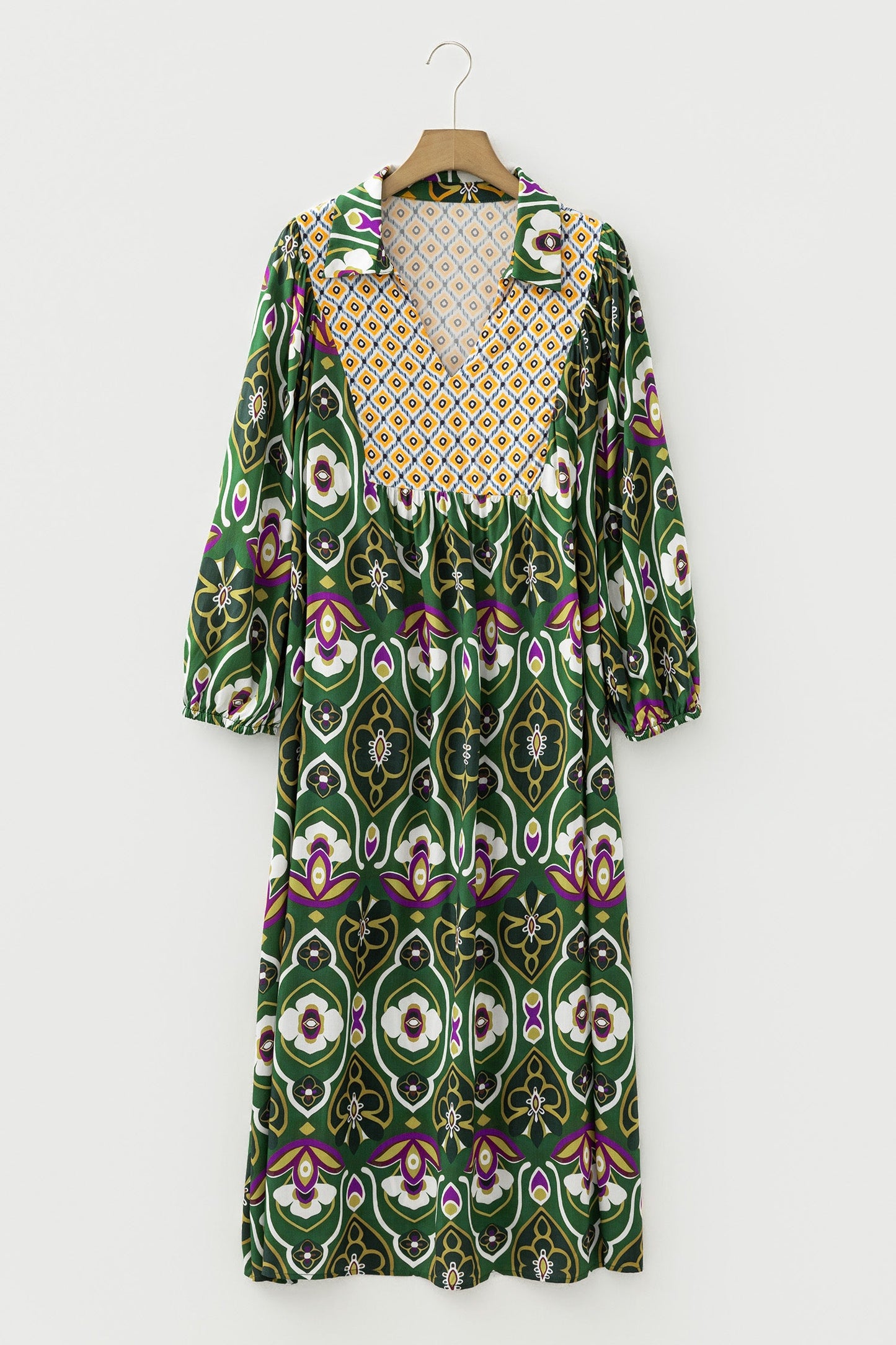Plus Size Floral Patchwork Collared V-Neck Maxi Dress