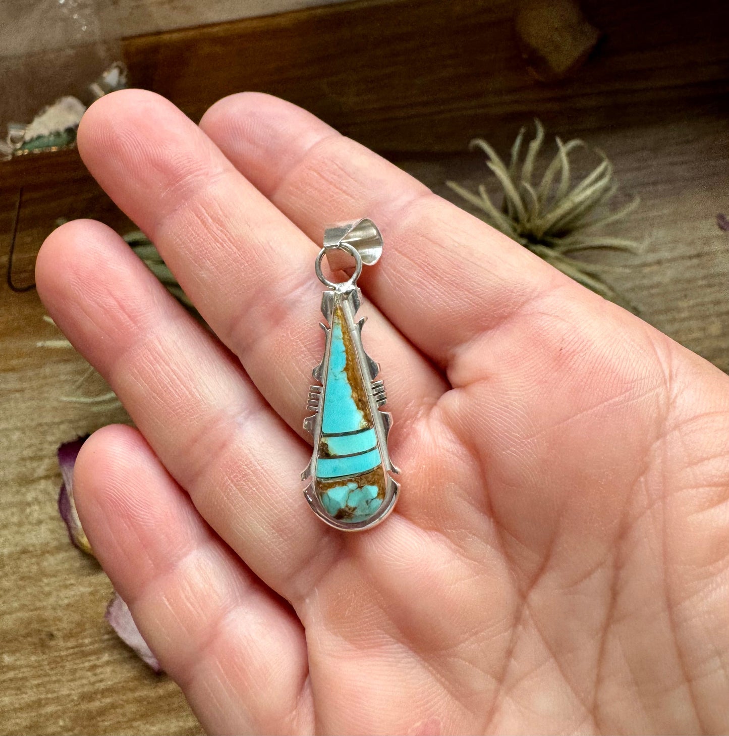 Teardrop Pendant with Kingman Turquoise – Option 5 – Sterling Silver – Native Made by SF – Fits 5mm