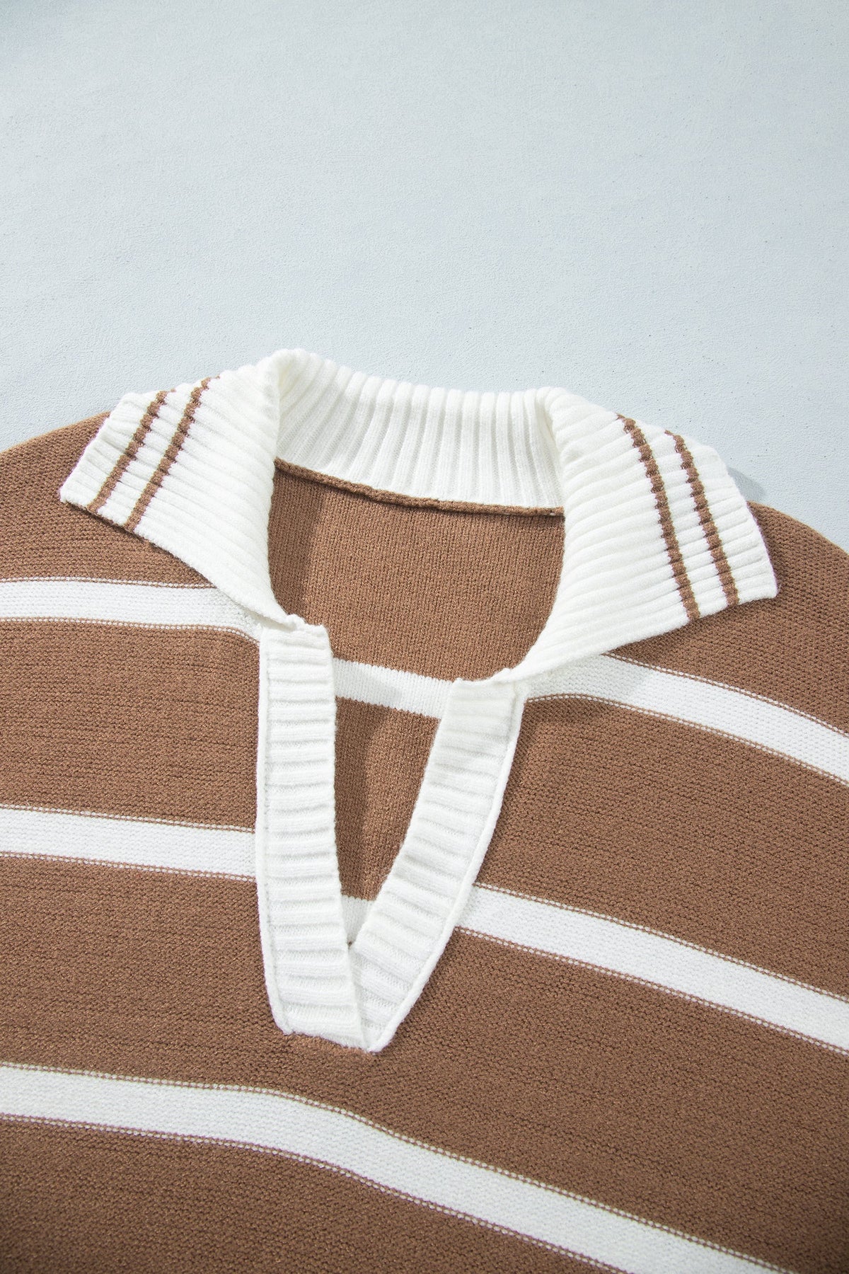 Plus Size Stripe Collared V-Neck Exposed Seam Sweater
