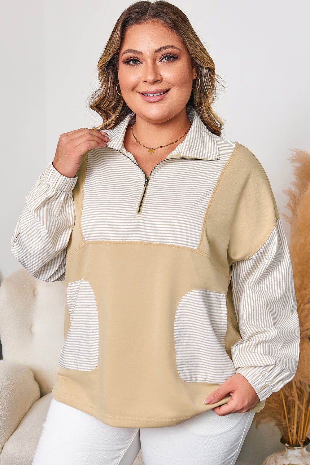 Plus Size Stripe Patchwork Half-Zip Sweatshirt