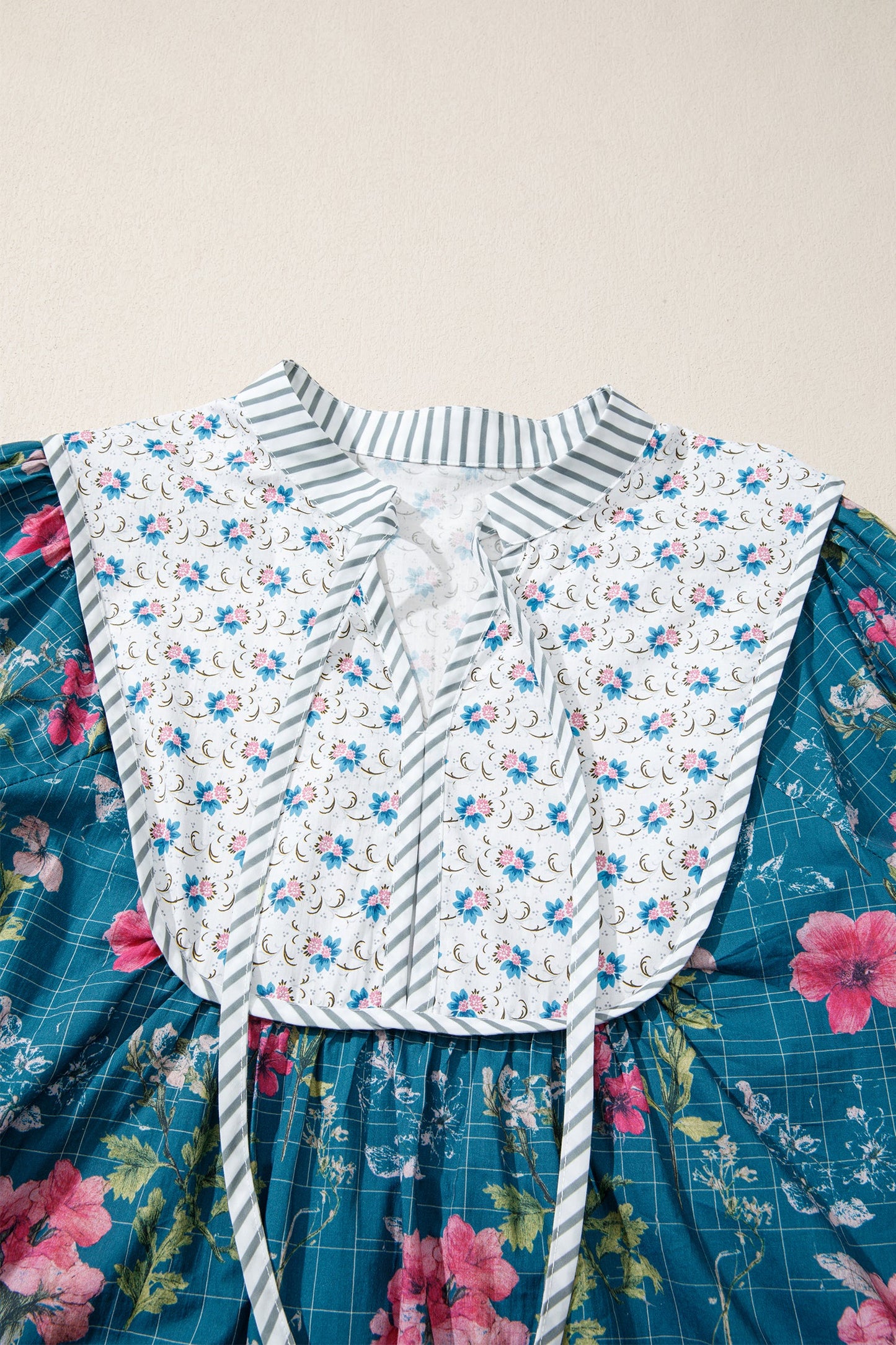 Floral Stripe Patchwork Long Puff Sleeve Blouse