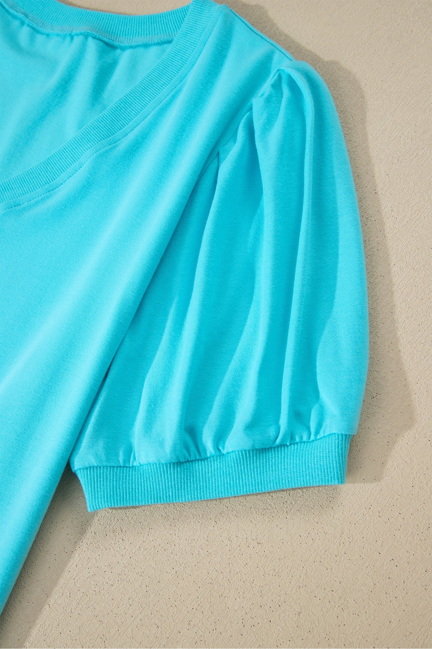 Solid V-Neck Short Puff Sleeve Blouse