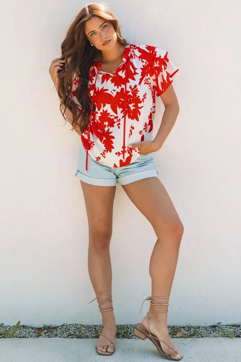 Plant Tiered Ruffle Sleeve V-Neck Blouse