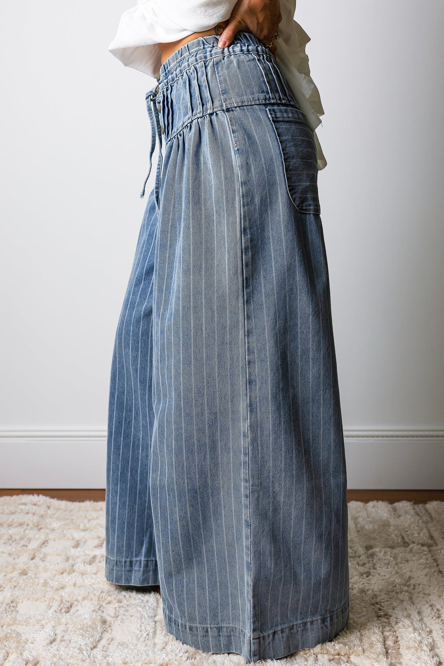 Stripe Button Pleated Drawstring Wide Leg Jeans