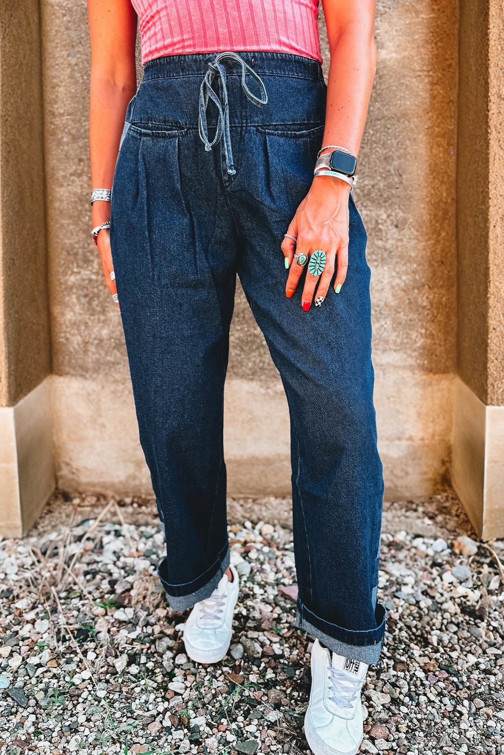 Denim Checker Side Panel Patchwork Drawstring Pants