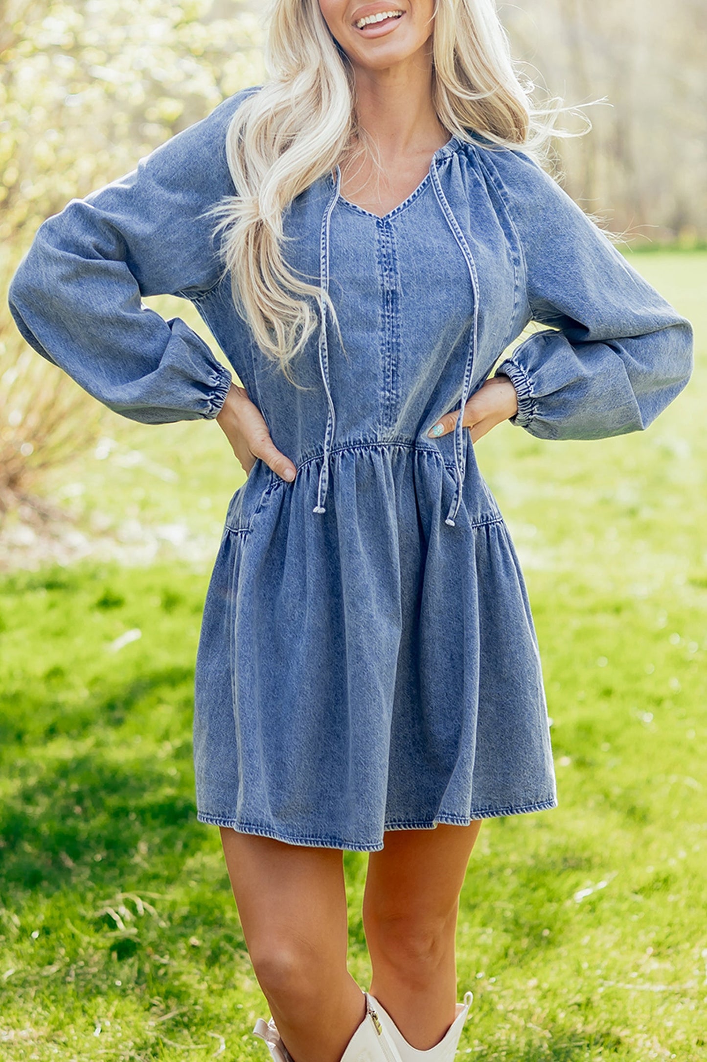 Denim Puff Sleeve Tie V-Neck Ruffle Dress