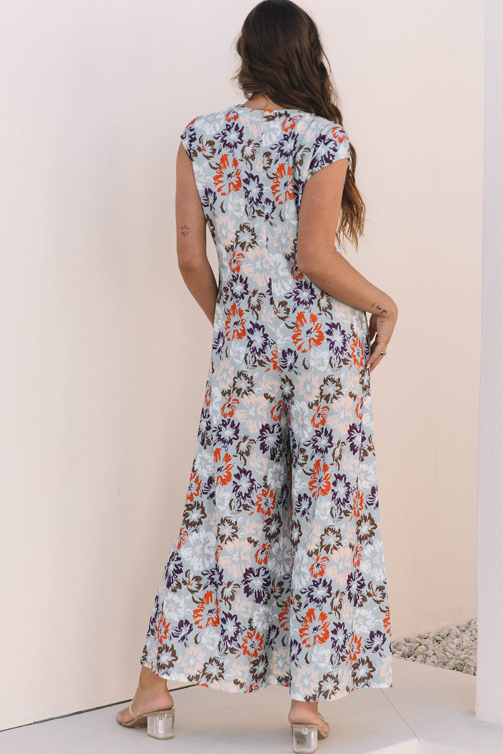 Floral Buttoned Sleeveless Wide Leg Jumpsuit