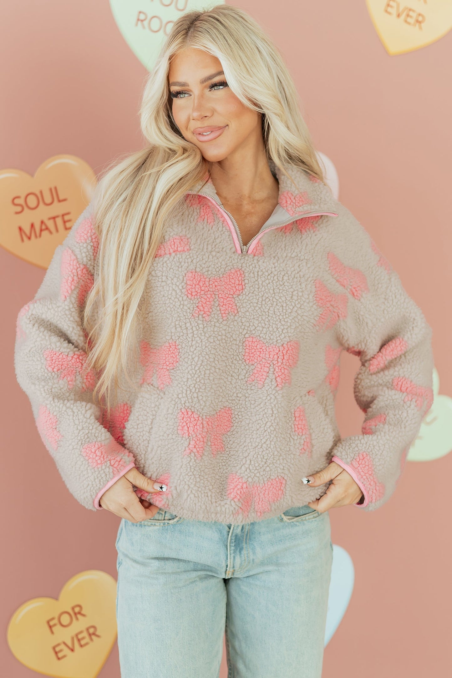 Bow Tie Sherpa Quarter Zip Sweatshirt