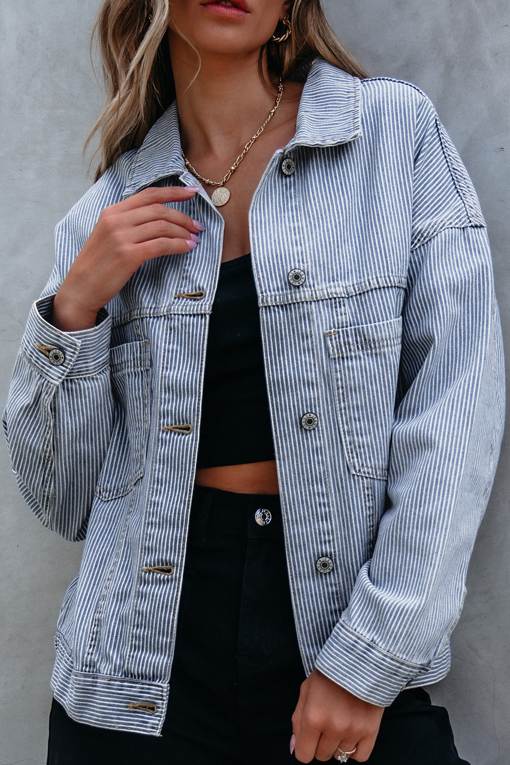 Stripe Wash Oversize Pocket Denim Jacket