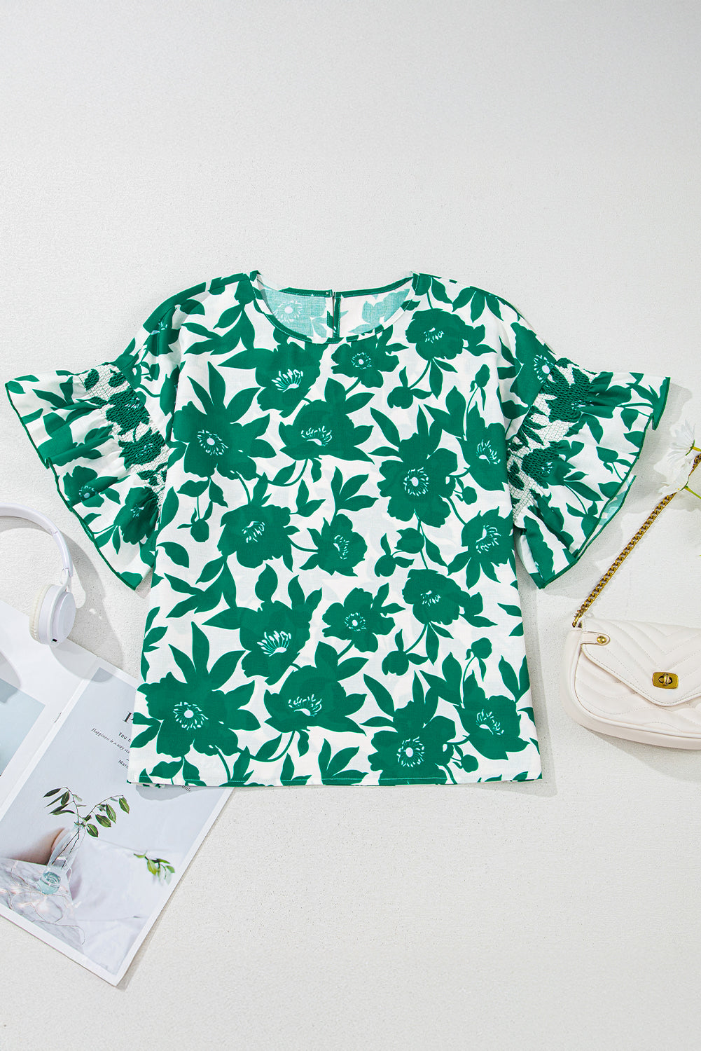 Floral Ruffle Short Sleeve Round Neck Blouse