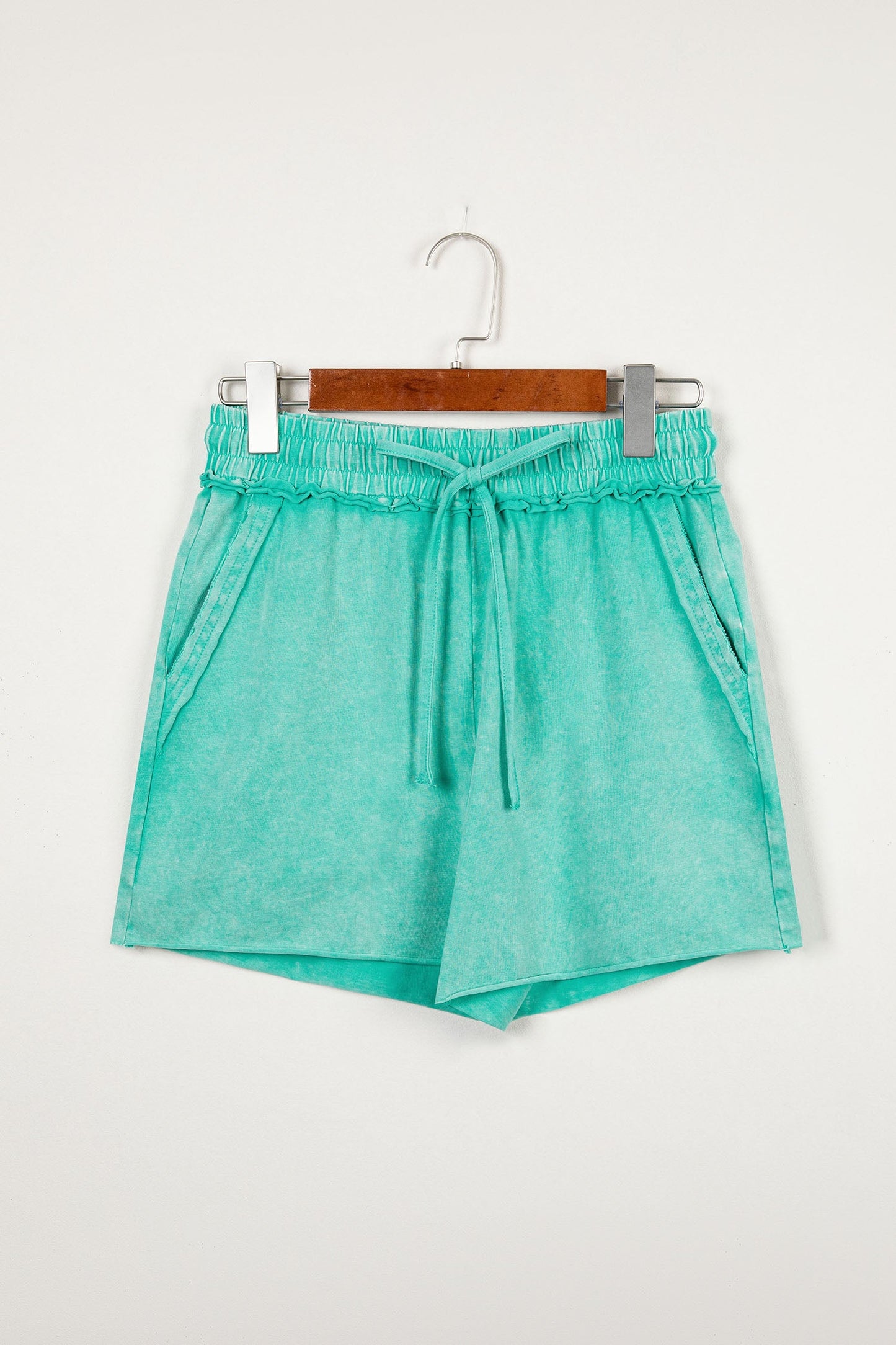 Mineral Wash Drawstring Elastic Waist Raw Edge Shorts