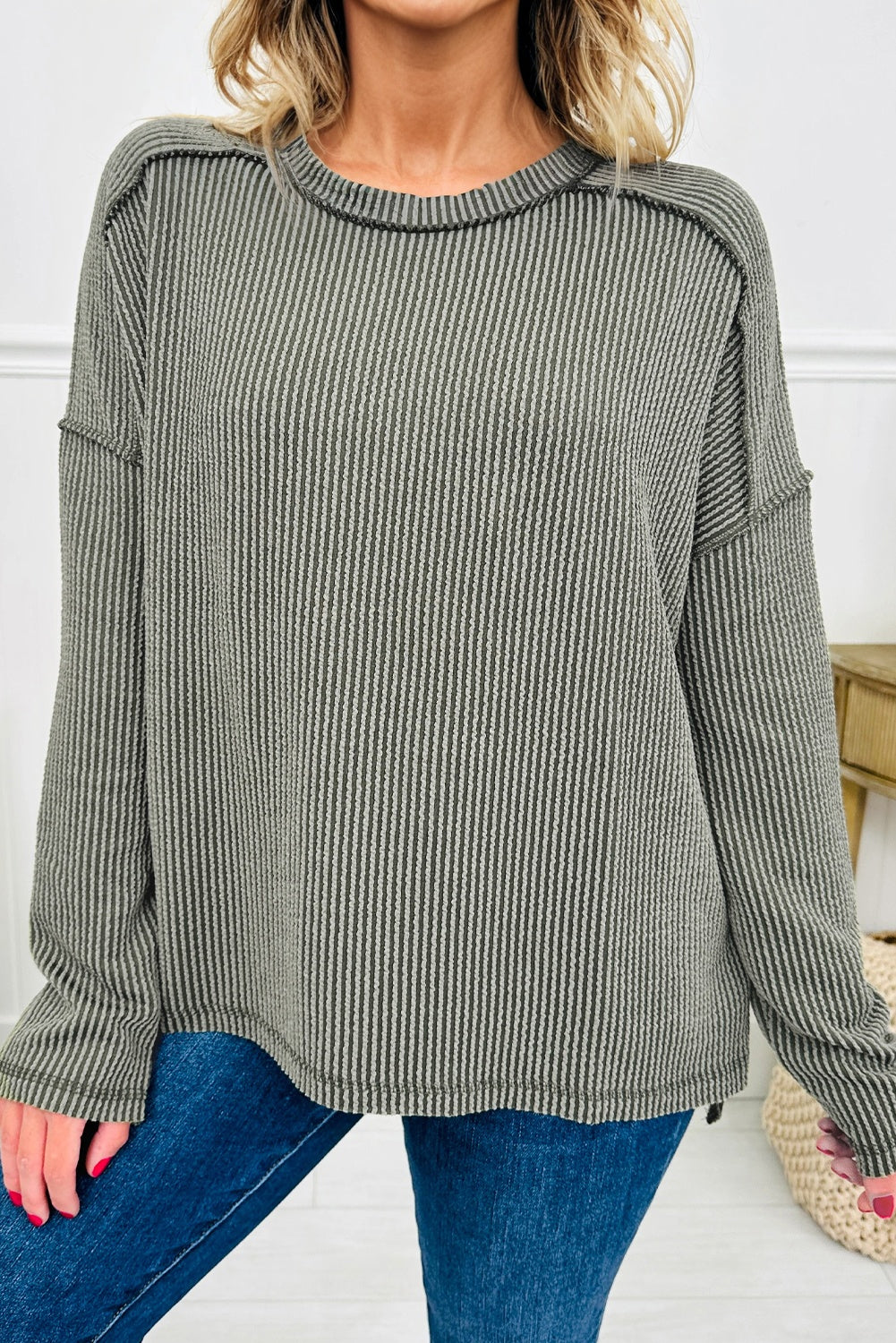 Solid Corded Knit Reverse Seam Long Sleeve Top