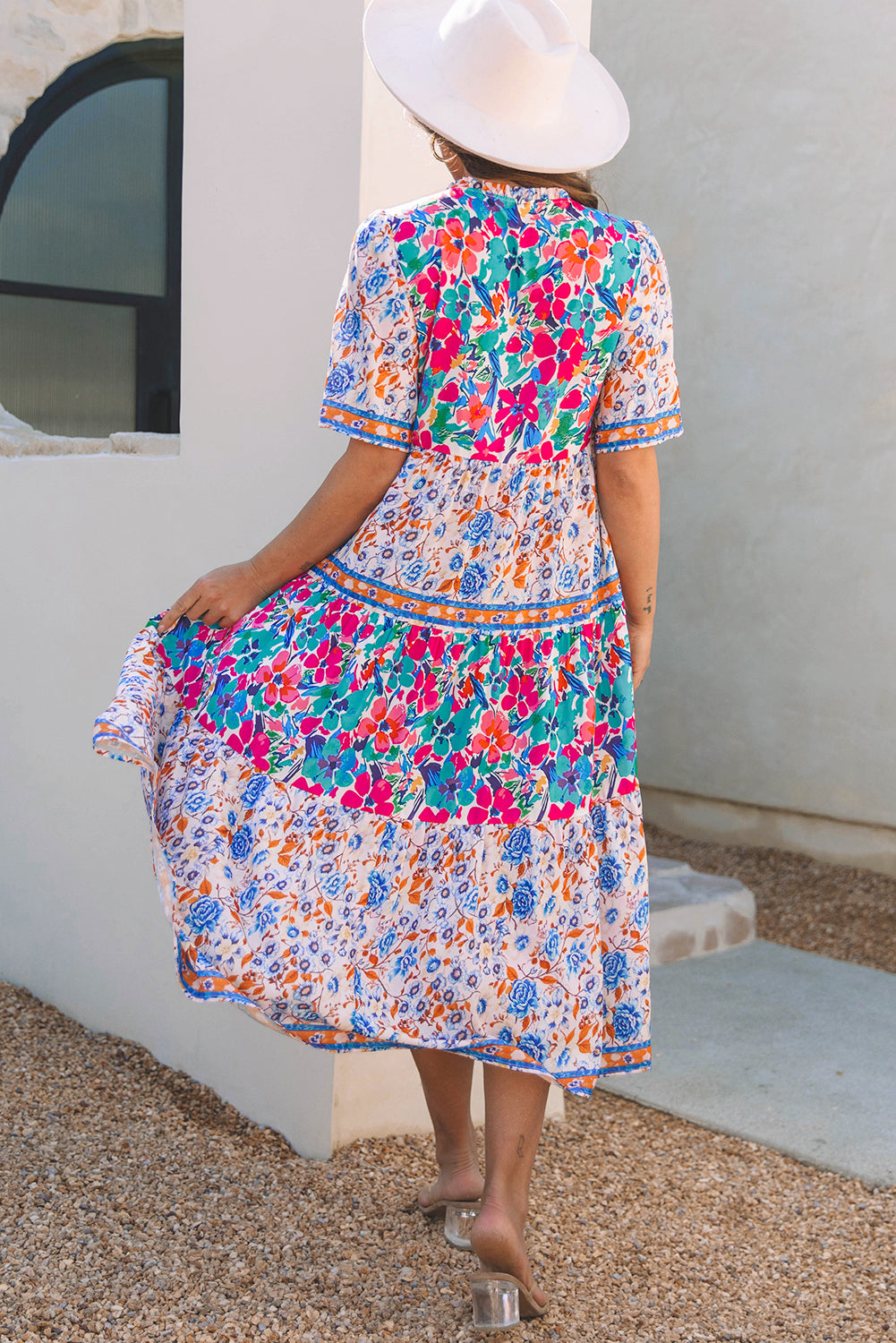 Floral Tie Split Neck Short Sleeve Dress