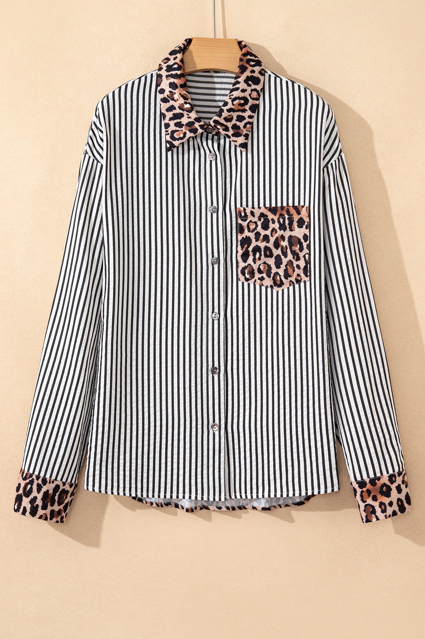 Stripe Leopard Patchwork Button-Up Womens Shirt