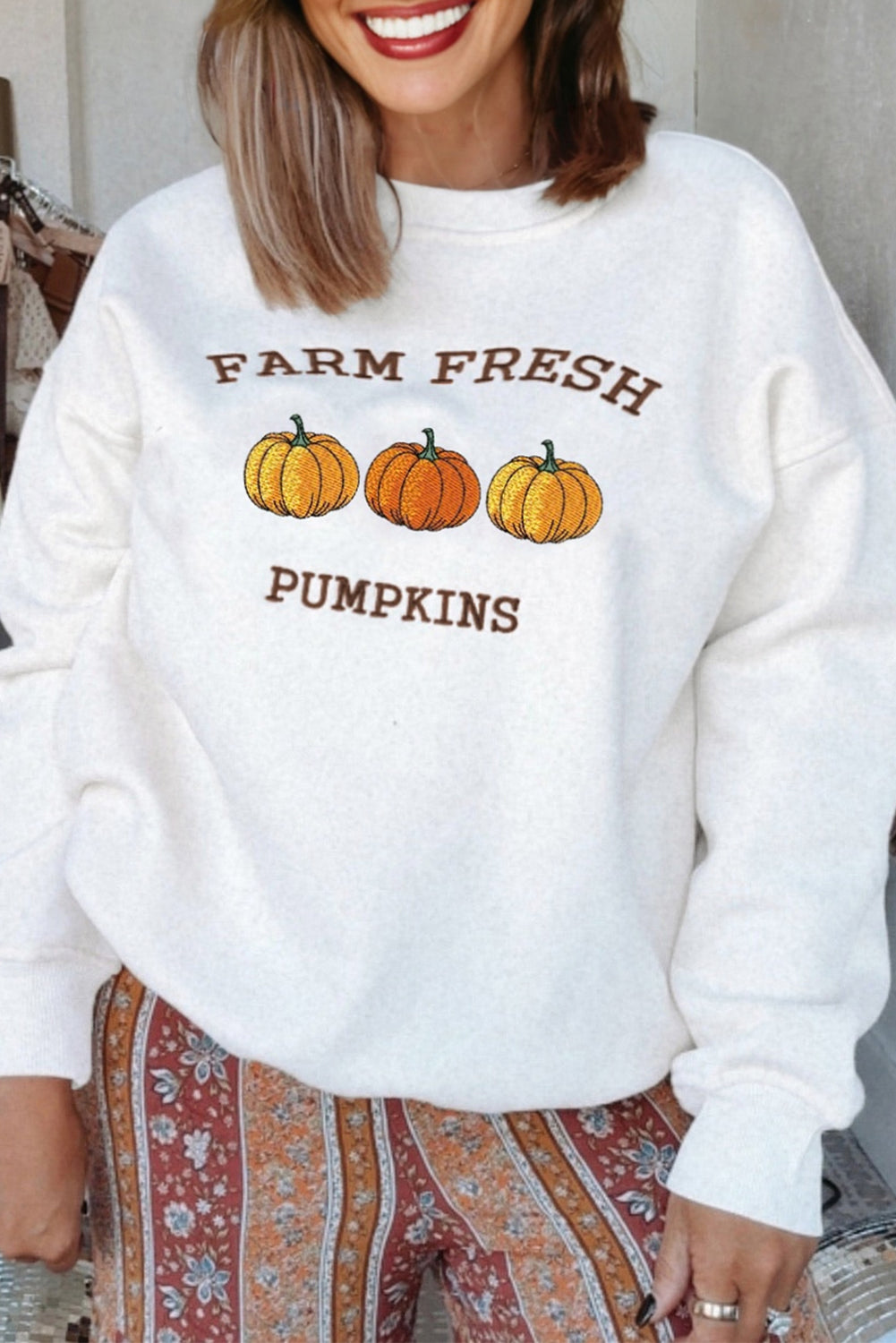 FARM FRESH PUMPKINS Embroidered Thanksgiving Holiday Sweatshirt